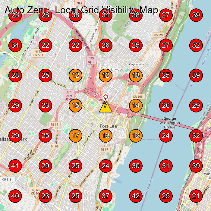 Auto Zen GeoGrid visibility map for Used Car Dealer in Fort Lee